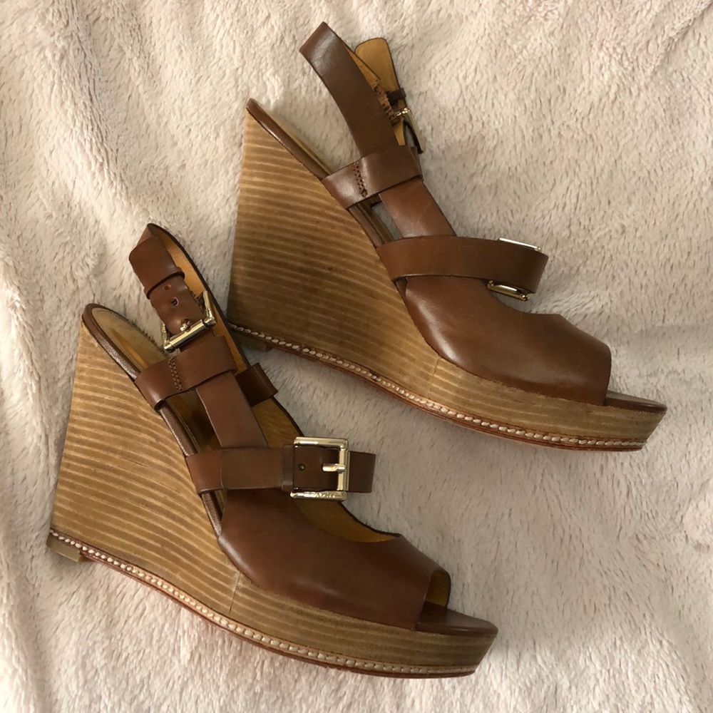 Womens tan leather coach wedges